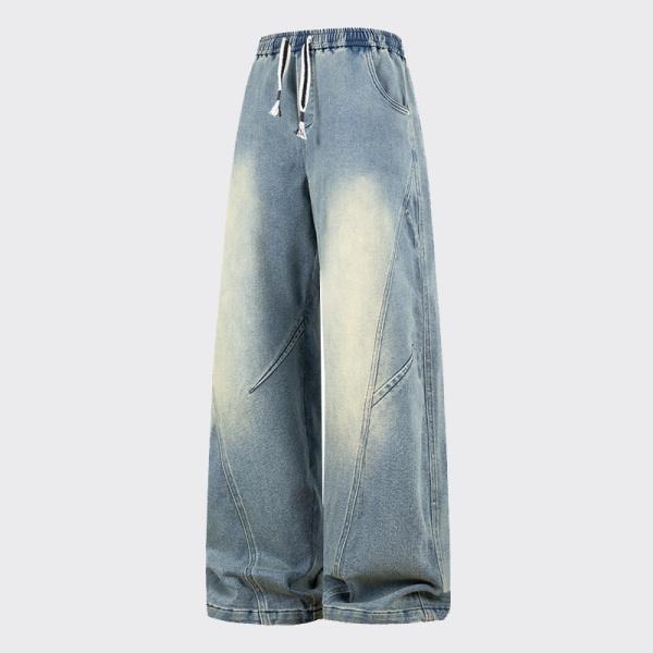 New Heavyweight Straight Loose Fit Men's Jeans with Elastic Drawstring Waistband Stylish Wide Leg Pants