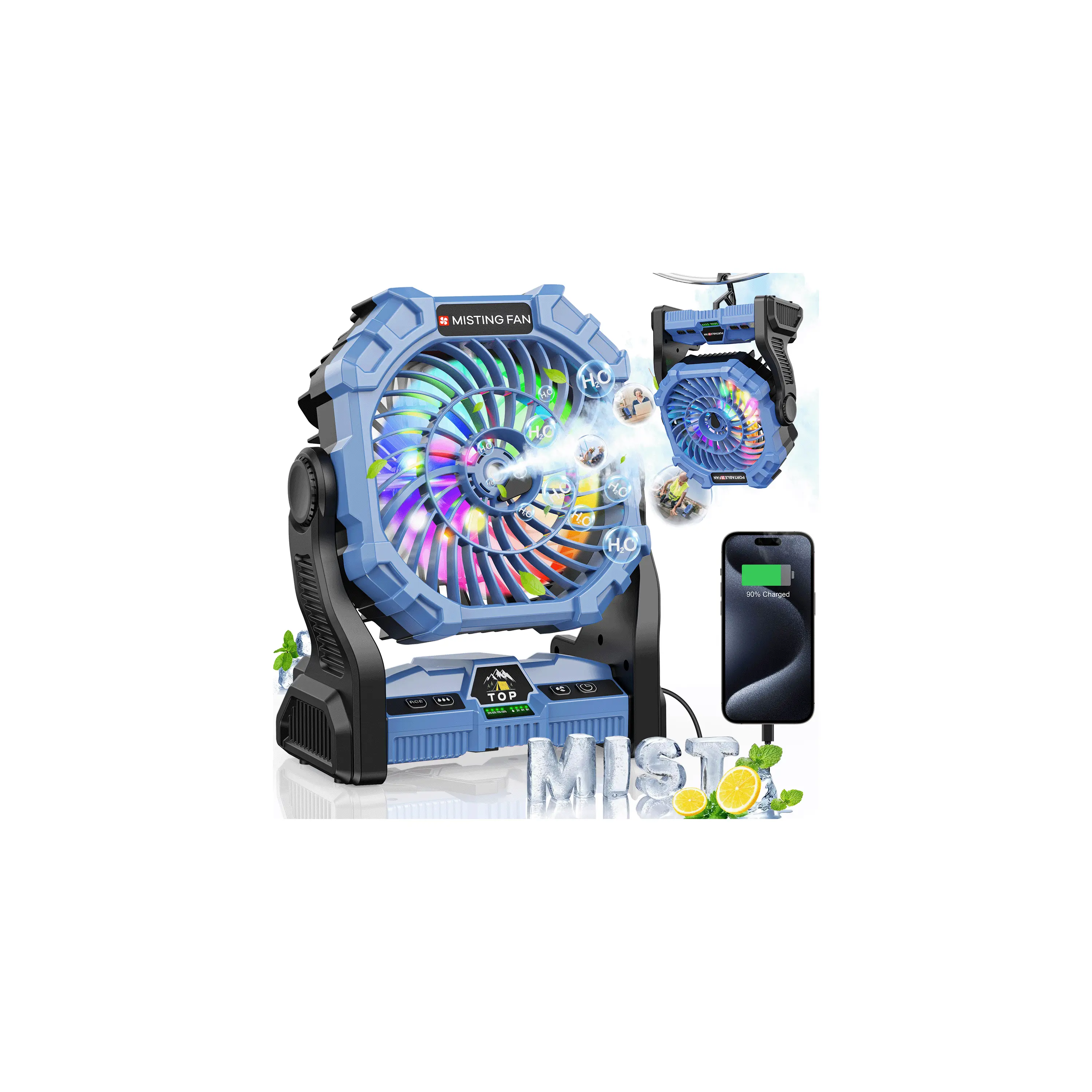 20000mAh Misting Fan, Personal Portable Fan,  Fan Portable Bedroom, USB-C Rechargeable Fan With 7-Color Night Light, For Outdoor, Camping, Construction Site Hurricane&Power outage Lighting Cooling
