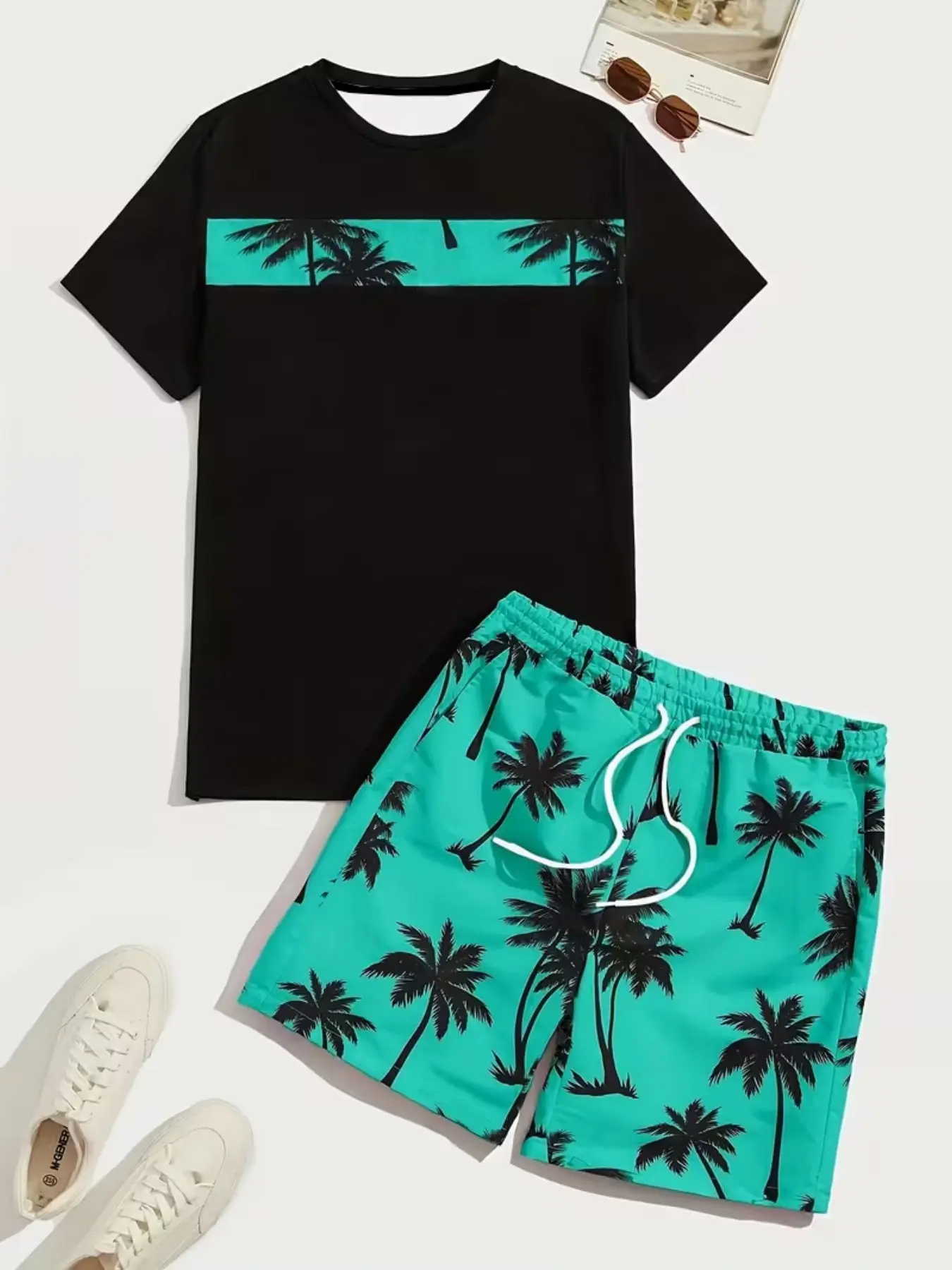 Men's Casual T-Shirt and Shorts Set with Tropical Print, Round Neck Short Sleeve Top and Drawstring Shorts, Ideal for Summer Outdoor Activities, Easy Care Shorts Sets Outfits