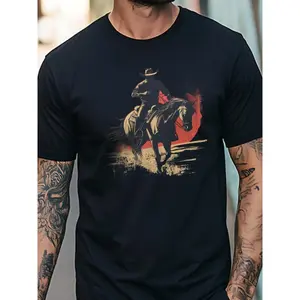 Men's Black Cowboy Horse Graphic T-Shirt - Soft, Breathable Cotton Knit, Short Sleeve, Round Neck, Casual Western Style Tee for Casual Attire, Casual Wear Tee | Western Style Shirt | Comfortable Fit Tee