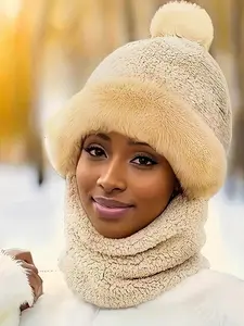 Women's Cute Solid Beanie Hat with Scarf, Knitted Winter Hat, Thickened Warm Hat for Fall & Winter, Fashion Accessories for Women & Girls