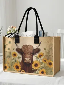 1 piece of bull and sunflower pattern 2D printed large-capacity storage bag, extra-large storage bag, sturdy handle, space-saving multi-purpose, suitable for use at school, on business trips, and shopping, Reusable Shopping Bags, Tote Bag