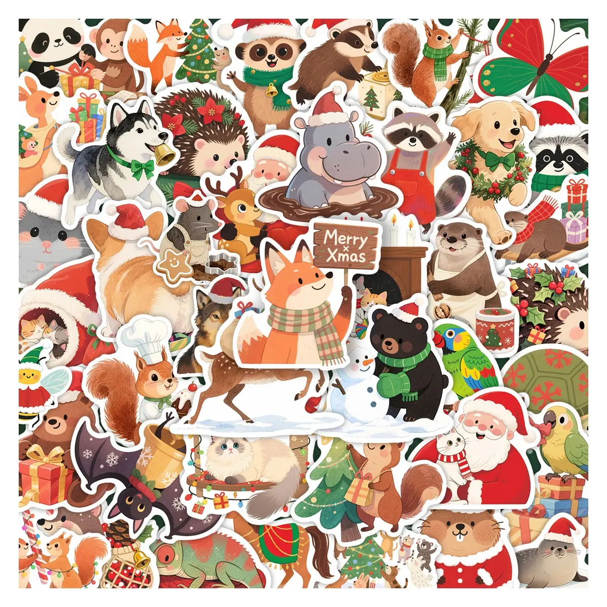 50pcs Cute Forest Animals Christmas Stickers Pack, Waterproof Woodland Festive Santa & Animal Icon Decals for Laptop, Water Bottle, Journal & Scrapbook, Christmas & Wildlife Lover Gift, Sticker Packs