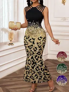 Women's Leopard Print Sleeveless Dress, Hollow Out Shoulder Straps, Tailored Fit, Spring Summer Evening Party Gown, Non-Sparkle Decor