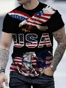 Men's American Flag Eagle Print T-Shirt, Trendy Casual Short Sleeve Round Neck Summer Top, Loose Fit Graphic Tee for Couples