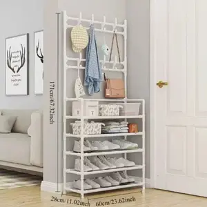 5-Tier Coat & Shoe Rack Entryway Organizer with Hooks Freestanding Heavy-Duty Double Row Shoe Shelf 172cm Tall 60cm Wide 26cm Deep Black White Modern Design