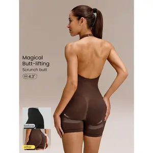 GLOWMODE 4.3" Ultrafine Soft Seamless Built To Glow Ribbed Waist Compression Panels Removable Cups Scrunch Butt Lift Adjustable Halterneck Short Bodysuit Training Running Gym Yoga Studio Daily Active Wear