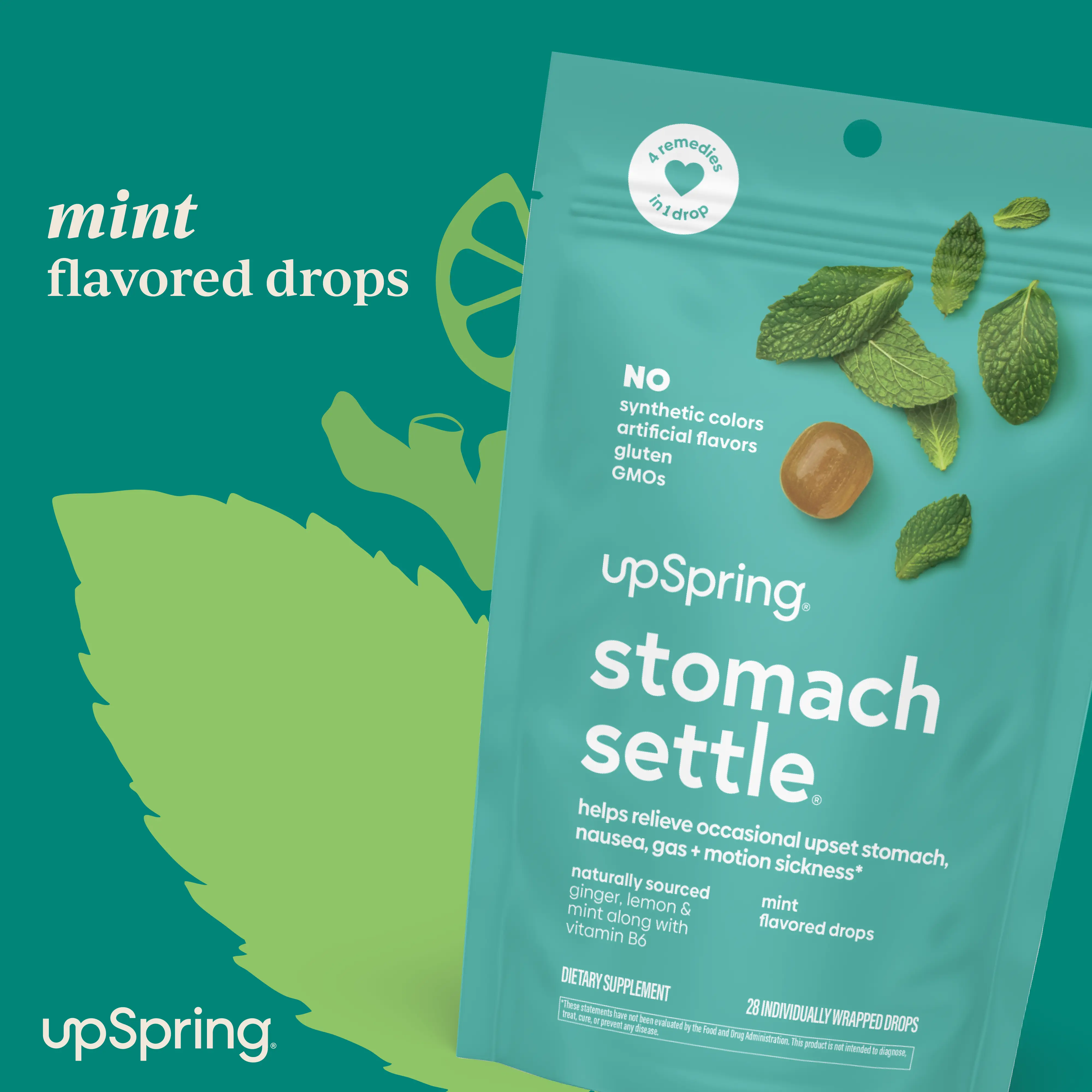 UpSpring Stomach Settle Drops for Occasional Nausea Relief/Upset Stomach with Ginger, Lemon, Spearmint, and B6. Mint Flavor Drops, 28 Ct Healthcare