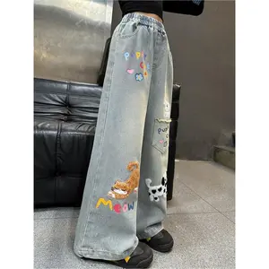 Girls Jeans/ 65% High-Waist Baggy Jeans with Light Fade Wash, Cartoon Pet Embroidery And Colorful Lettering/ Weekend Outings, Shopping, Family Trips/ Y2K, Girls Clothes, Girls Trendy Stuff, Valentine'S Day Gift