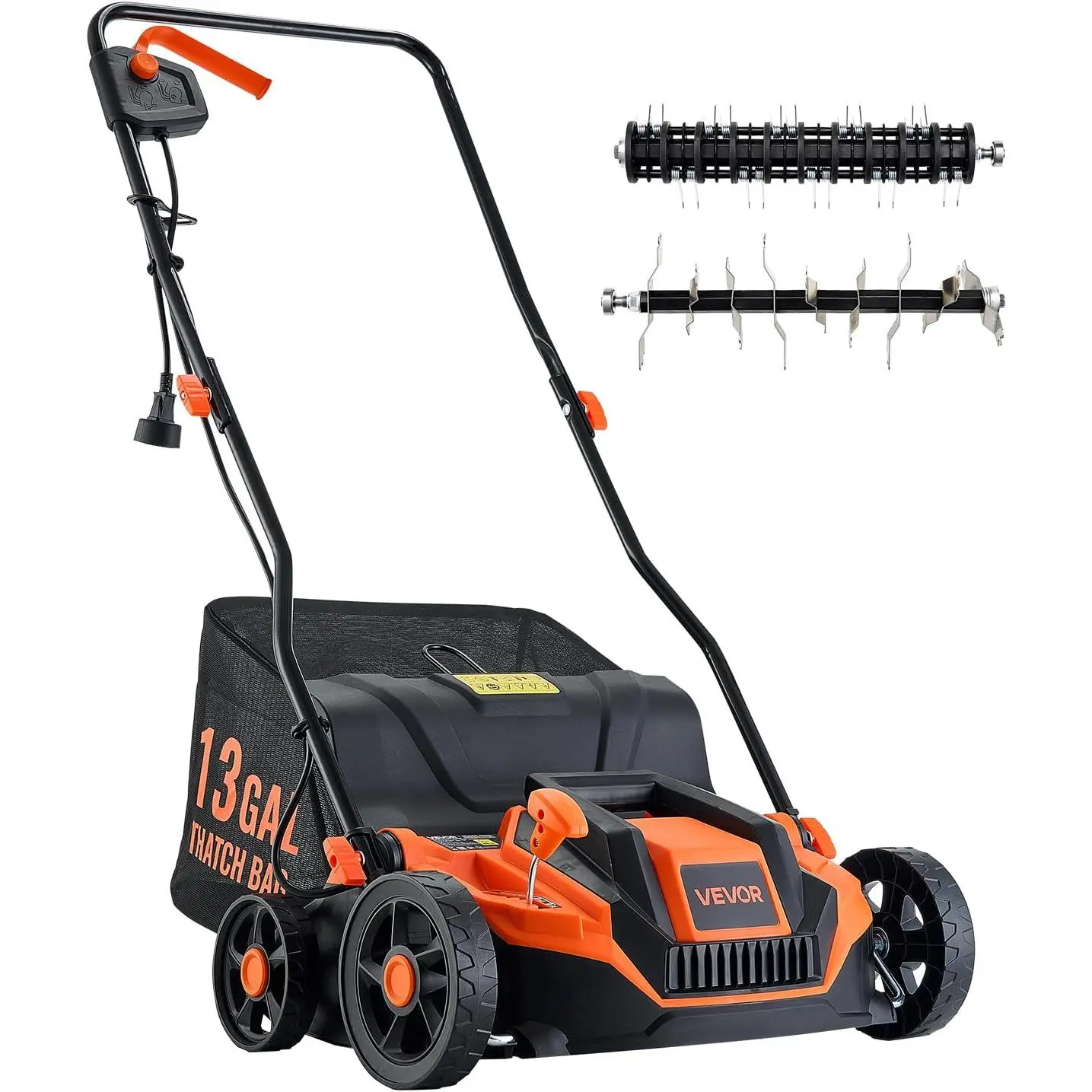 VEVOR 2-in-1 Electric Dethatcher and Scarifier, 13-Inch 13 Amp, Corded Lawn Dethatcher with 13-Gallon Thatch Collection Bag, 5-Position Depth Adjustment, Walk Behind Machine for Garden Yard Grass
