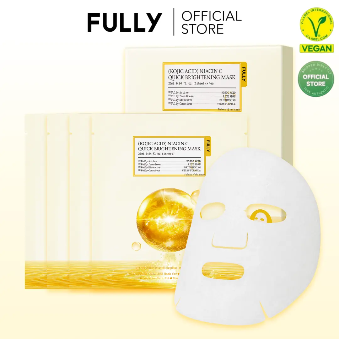 [FULLY Official Shop] Kojic Acid Niacin C Quick Brightening Mask | Brighten, Even & Revitalize Dull Skin | Quick Korean Brightening Skincare Mask | 4 Sheets