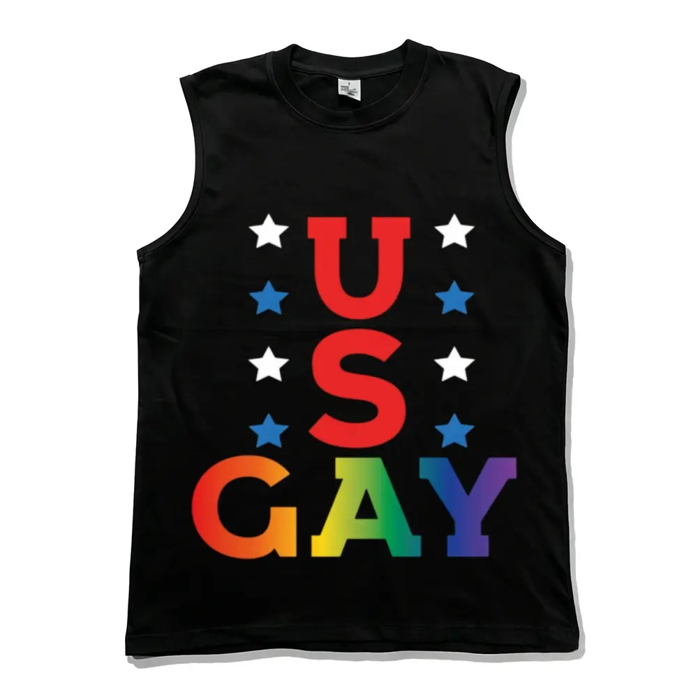 US Gay Rainbow Pride Sleeveless Tank Top, LGBTQ+ American Flag Stars Graphic Muscle Shirt, Bold Equality Streetwear Tee for All Genders