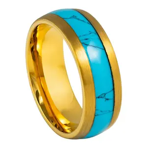 Gold Wedding Ring, Yellow Gold Tungsten Wedding Band with Turquoise Inlay, Turquoise Engagement Rings, Promise Ring for Him, 8mm Men's Ring