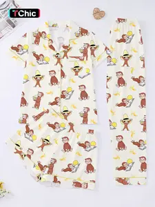 3-Piece Cartoon Monkey Women's Sleepwear Set, Short Sleeve Button-Up Top, Elastic Shorts and Pants, Comfortable Home Wear