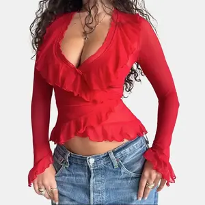 Women's Long Sleeve Deep V Layered Ruffle Sheer Fabric Crop Top 2026 Spring Summer New Arrival Solid Color Date Nights Casual Outings Evening Events Stylish Feminine Top