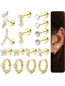 20G Helix Piercing Jewellery Gold/Silver Steel Flat Back and Hoop Earring Set Flower Opal Helix Conch Daith Tragus Cartilage Earrings for Multiple Ear Piercings Stud Earring Jewelry