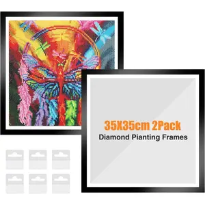 Upgraded 2Pack  Painting Frames for 35x35cm Canvas,  Art Frame Self-Adhesive With Hooks for Wall Window Door (Black)