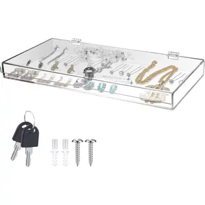 Clear  Locking Display Case with  Large Medication Lock Box Snack Fridge Lock  Figure Display Case Storage Box for Collectibles Figures   (15.75" X 7.87" X 1.5")