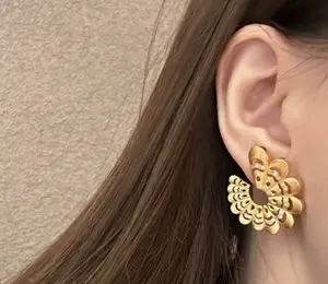 Vintage Brushed Gold Statement Earrings for Women 18K Gold Plated Rhinestone Fan Design Lightweight Hypoallergenic Retro Aesthetic Boho Chic Jewelry Trendy Accessories for Daily Wear Party Wedding Date Night Birthday Anniversary Holiday Gift for Her