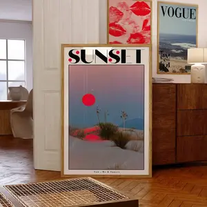 Sunset Poster, 70s Retro Print, Red Wall Art, Beach Poster, Summer House Poster, Psychedelic Art, Trippy Poster, Dorm Poster