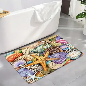 1pc Starfish-Shell Art Oil Flannel 100% Polyester BATH MAT, shower light absorb light slip-safe, heal coastal unwind, fold-hook dry-fast, gentle-wash fade-free