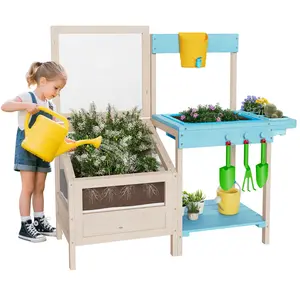Outdoor Wood Mud Kitchen for Kids, All-Weather Garden Table Work Station w/Garden Bed, Removable Sink & Faucet, Storage Shelf ＆ Gardening Toys, Toddler Playset for for Children Ages 3+