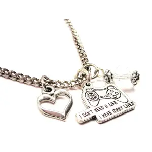 I Don't Need A Life I Have Many Lives Video Game Controller Necklace with Small Heart