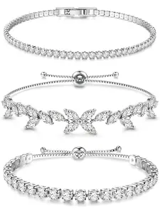 Women's Silver Color Tennis Bracelets Set, 3-Piece Jewelry Gift Box, Crystal & Rhinestone Design, Perfect for Birthdays & Holidays