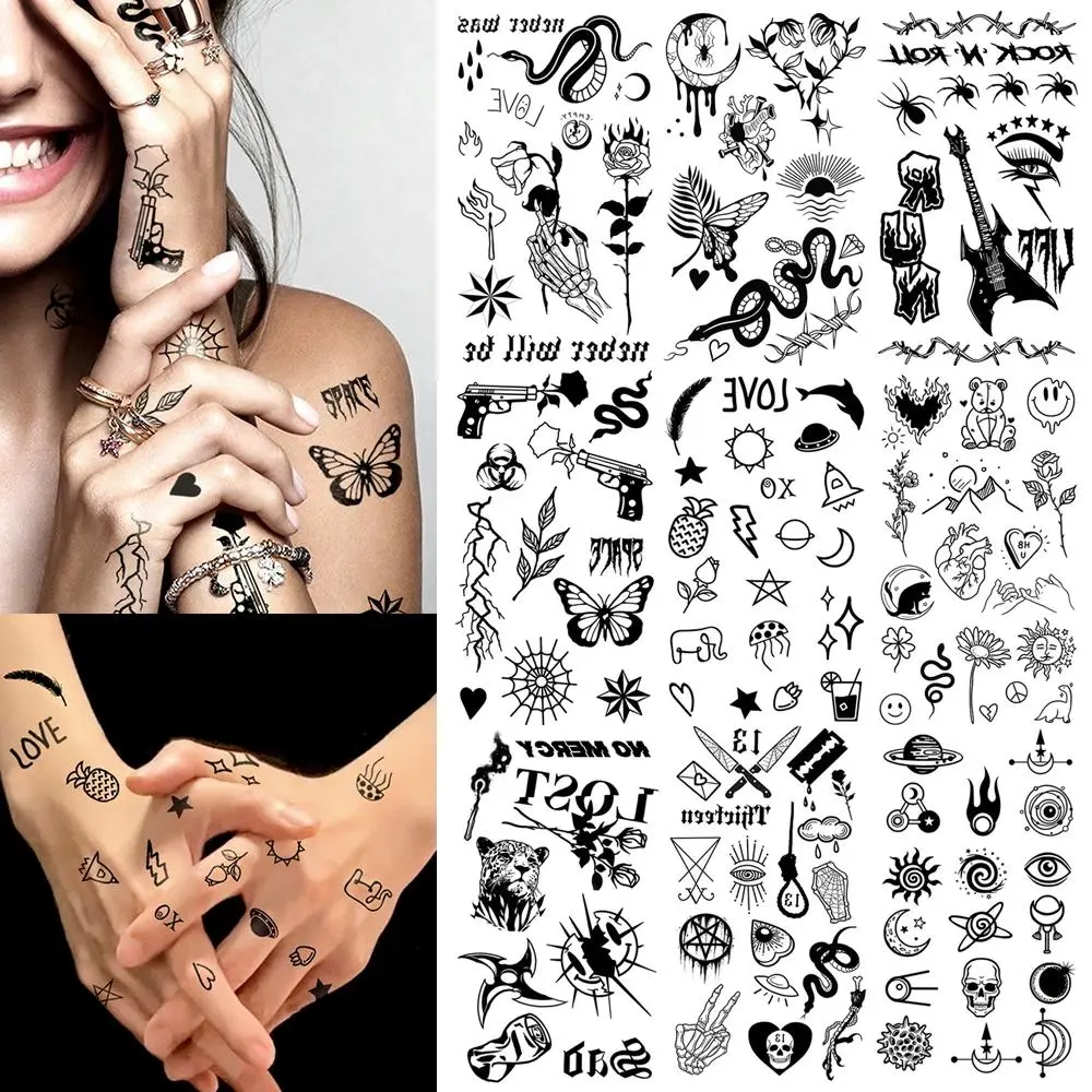 10pcs Waterproof Temporary Tattoo Sticker Dark Small Symbol Emoticon Flower Skull Body Art Arm Fake Tattoos Women Men Neck Hand Tattoo Inspired Print Aesthetic Tattoo Merch