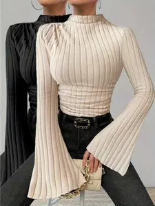 Women's 2 Piece Fall Winter Solid Color Knit Knitwear Ribbed Fleece Half High Round Neck Long Sleeve T-Shirt Set, Layered Wear Option