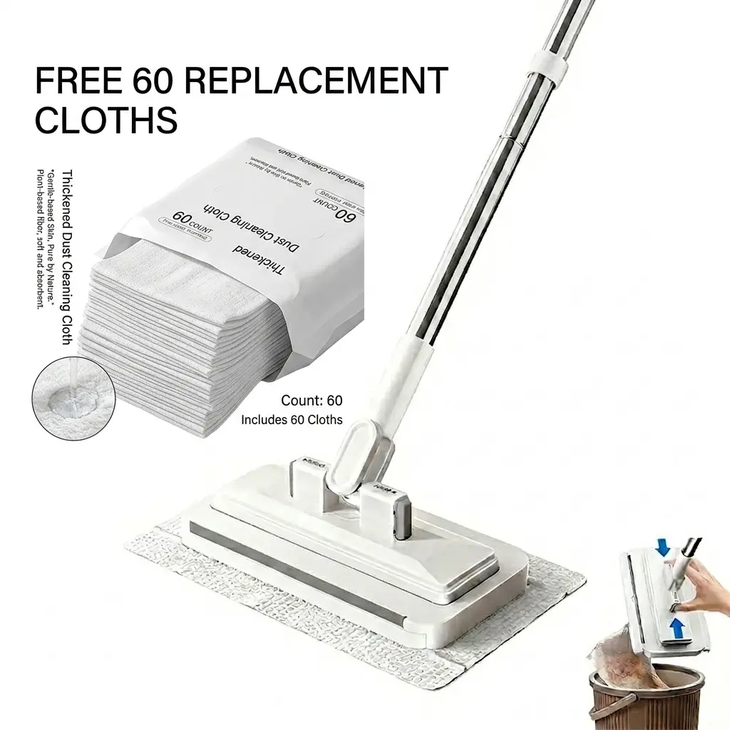 Value Pack Disposable Flat Dust Mop with 60 Free Replacement Cloths, Adjustable Telescoping Handle, Thickened Absorbent Cleaning Cloths for Hardwood, Tile, Laminate and Vinyl Floors at Home and Office