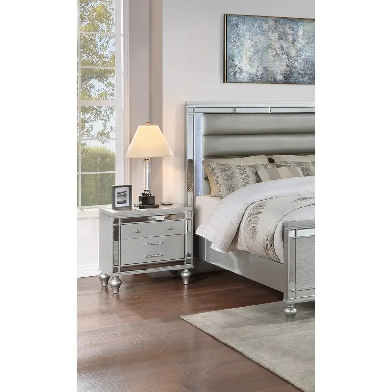Classic Luxury Look Silver 1pc Nightstand Wooden Bedside Table Drawers w Mirror Glass Panel Modern Storage Side Table with Wireless Charging Station for Bedrooms and Living Rooms