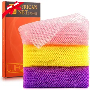 UJFQBH 3 Pieces African Bath Sponge African Net Long Net Bath Sponge Exfoliating Shower Body Scrubber Back Scrubber Skin Smoother,Great for Daily Use (Pink,Yellow,Purple) No Brand