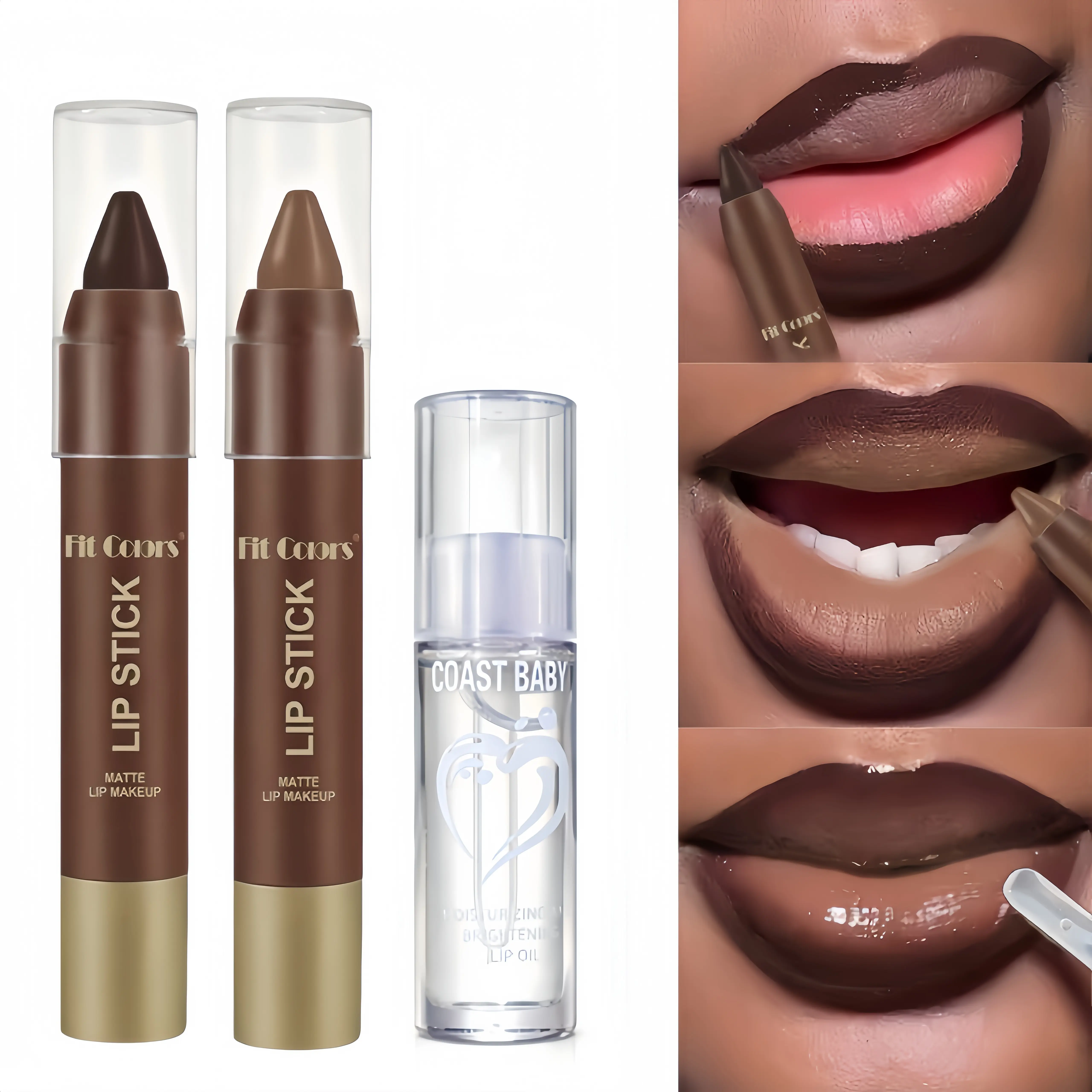 3-Piece Matte Lip Pencil & Gloss Set | 2 Chocolate Lip Liners + 1 Clear Lip Oil | Buildable Velvet Matte to Glossy Finish | Long-Lasting Waterproof Lip Makeup | Perfect Valentine's Day Gift for Her