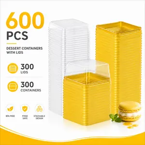 600 PCS 3” Mini Cupcake Containers – Gold Square Plastic Boxes with Lids (300 Boxes + 300 Covers), Individual Dome Pods for Muffins, Cake Pops – Wedding, Birthday, Party Favors outdoorfun