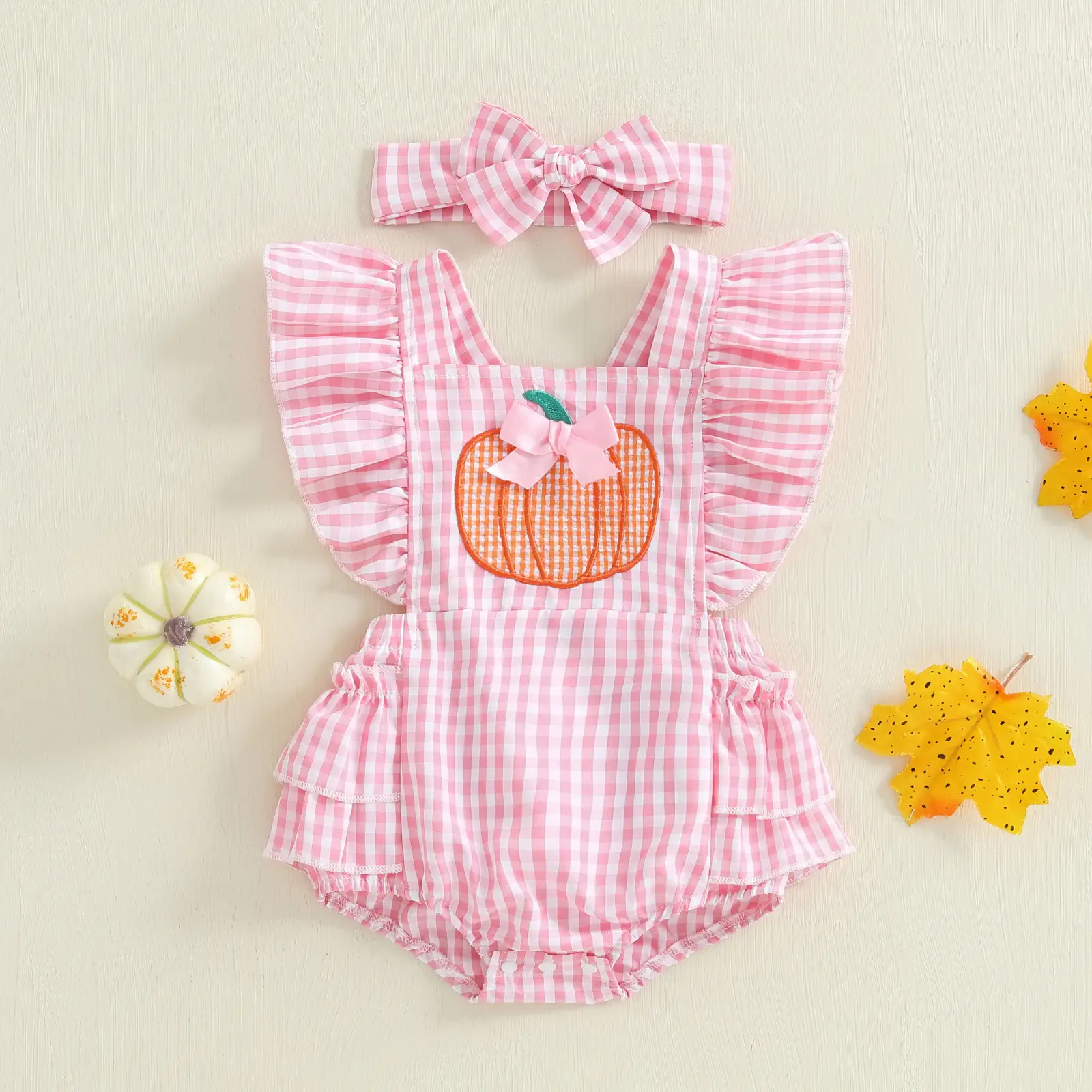 Infant Baby Girl Halloween Outfits Ruffle Sleeveless Bow Pumpkin Embroidery Romper with Headband Set 0-18 Months