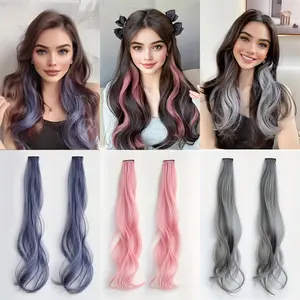 2PCS 20inch Colorful Highlights Straight Hair Clip Extensions for Women Curly One-piece Invisible Fluffy Dyeing Long Hair Extensions