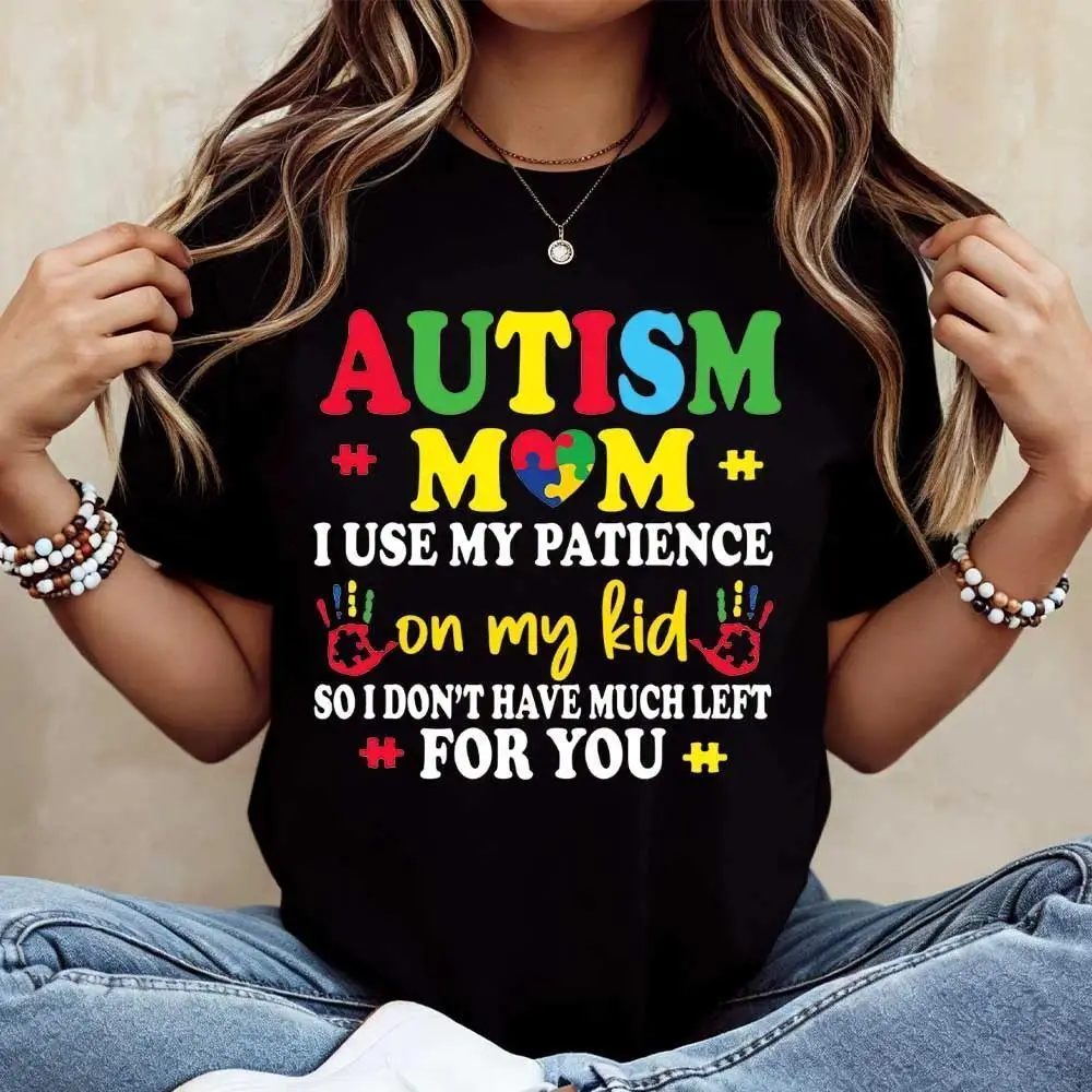 Women's Cotton Short-Sleeve Round Neck T-Shirt, Casual Loose-Fit Lady's Tee, Autism Mom Printed Design, Autism Awareness Gift for Mothers, Shortsleeve, Fabric