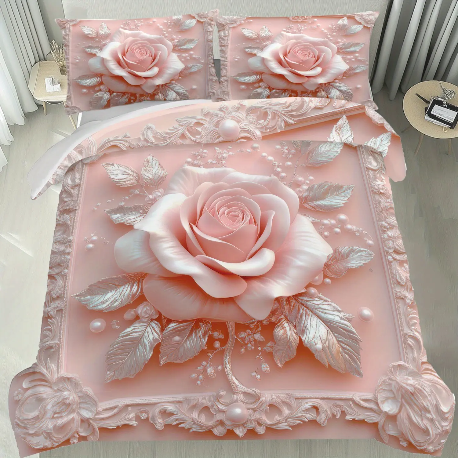 3-Piece Rose Floral Bedding Set, Includes 1 Fitted Sheet & 2 Pillowcases, Soft Comfortable Bedroom Linen, Soft Bedding Sets, Decorative Bedding Set, Theme Bedding Set, Comfy Bedding Sets