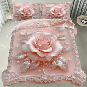 3-Piece Rose Bedding Set, Includes 1 Fitted Sheet & 2 Pillowcases, Soft Comfortable Bedroom Linen