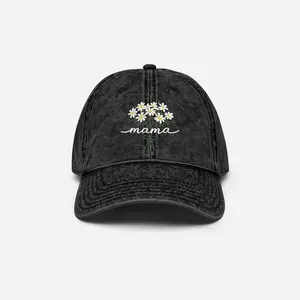Embroidered Vintage "Mama" Floral Washed Denim Cap – Adjustable Unisex Baseball Hat for Women & Men Featuring Daisy Bouquet Embroidery, Soft Curved Brim, Distressed Washed Finish, and Casual Everyday Gift Style
