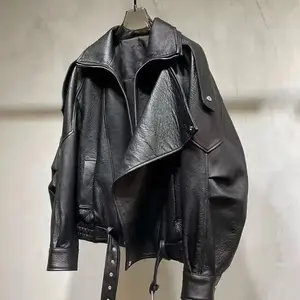 Korean Fashion Black Leather Jacket Women Clothing Autumn/Winter New Loose Casual Coat PU Leather Motorcycle Jacket Women TopsCan be used with raincoat(Sheets)