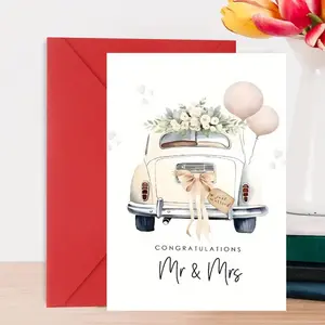 Vintage Car Design Wedding Greeting Card, Elegant Congratulations for Mr. and Mrs., Ideal for Weddings, Celebrations, Special Occasions