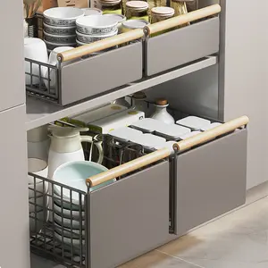 Metal Slide Cabinet Organizer, Kitchen & Bathroom No-Hole Pull-Out Storage Rack, Multi-Functional Basket Set