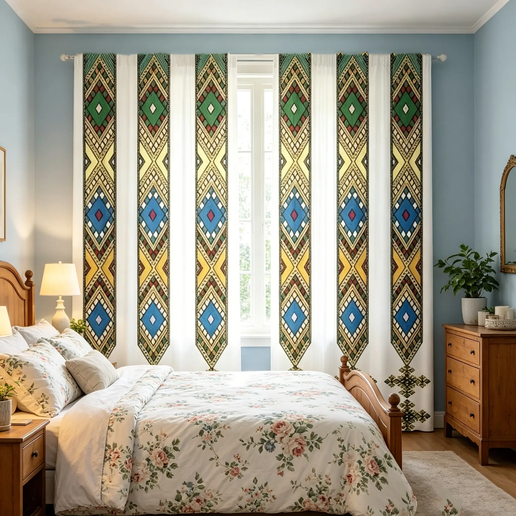 2 pieces, traditional design curtains with Ethiopian patterns - semi transparent polyester material Bohemian style - living room, bedroom, study, home decoration Window Drapes Curtain for Windows