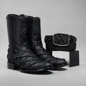 Men's Combo Western Boots: Pirarucu Monster Fish Print Round Toe With Zipper Cowboy & Rodeo Boots + Matching Belt