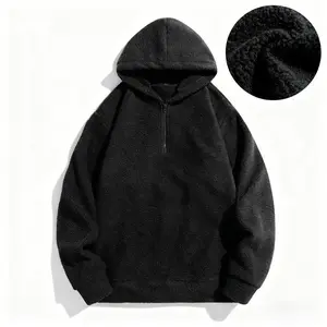 Black Sheepskin Faux Fur Half Zip Hoodie Winter Warm Fleece Pullover Coat Loose Casual Jacket Plush Lambswool Semi-zipper Design for Cozy Stylish Wear