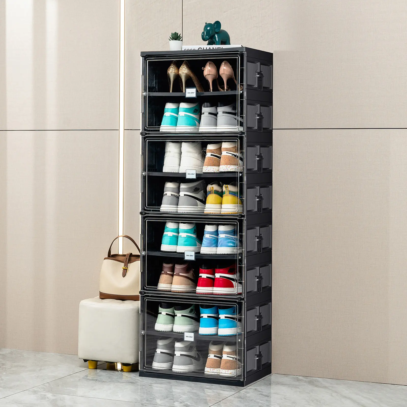 JEKO&JEKO 8 Tiers 16 Pairs Portable Shoe Organizer Storage Boxes with Magnetic Door, Folding X-Large Shoe Rack Free-Standing for Closet Entryway, Sneaker Storage Cabinet Fits US Size 12 (Black)