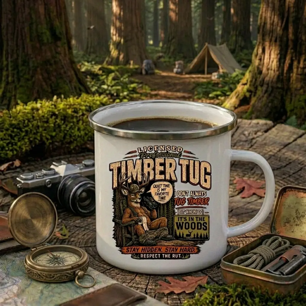 Licensed Professional Timber Tug Campfire Cup, Fishing Cup, Outdoor Mug for Camping Hiking Lake Life, Lightweight Durable Metal Mug, Rustic Camp Cup with Stainless Steel Rim, Portable Travel Mug, Gift for Fisherman Outdoor Lover