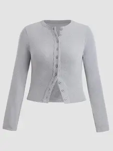 【Plus Size】 Solid Color Ribbed Button Front Cardigan, Casual Long Sleeve Round Neck Knitwear for Spring & Fall, Women's Tops for Daily Wear